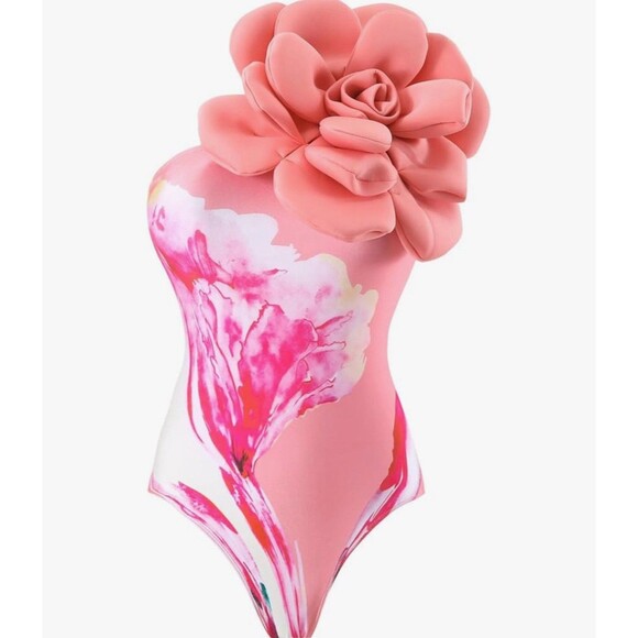 Women’s One-Piece 3D Flower Swimsuit With Matching Wrap/Skirt peach pink Large - Picture 3 of 16